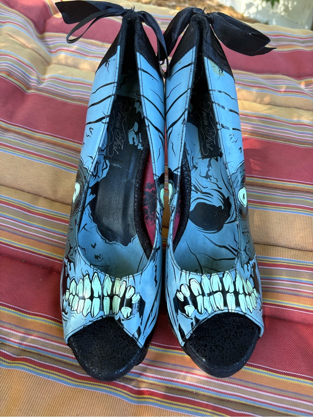 Iron Fist Black and Light Blue Peep-Toe Heels with Skull Graphic - Picture 2 of 5